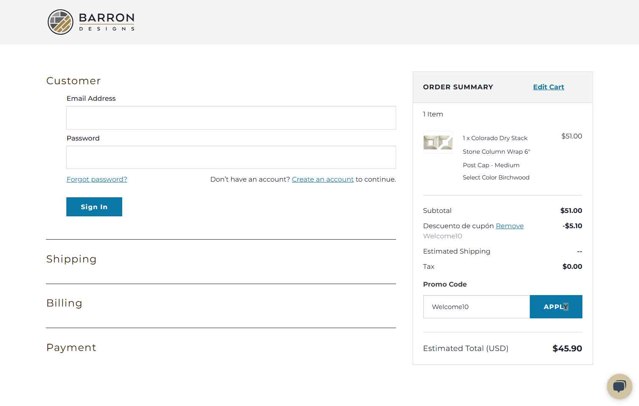 Barron Designs checkout page showing Barron Designs promo code box | Screenshot taken by SimplyCodes community member on Jul 4, 2025