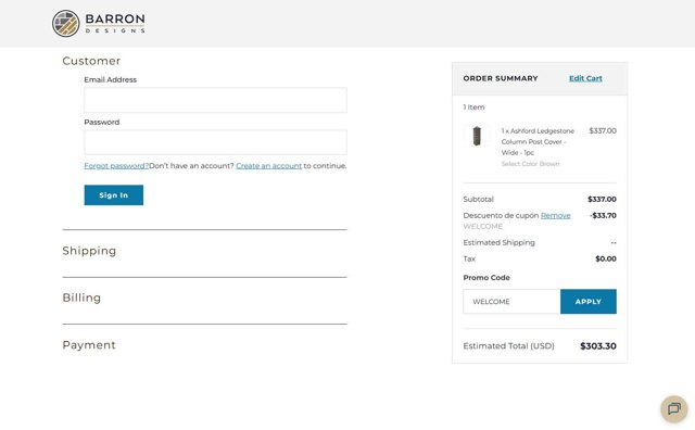 Barron Designs checkout page showing Barron Designs promo code box | Screenshot taken by SimplyCodes community member on Sep 3, 2025