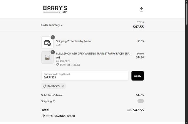Barry's checkout page showing Barry's promo code box | Screenshot taken by SimplyCodes community member on Sep 10, 2025