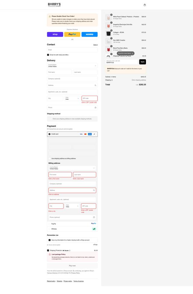 Barry's checkout page showing Barry's promo code box | Screenshot taken by SimplyCodes community member on Sep 12, 2025