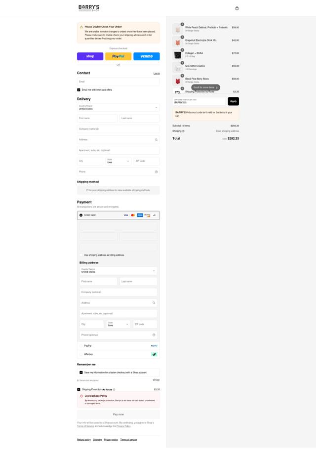 Barry's checkout page showing Barry's promo code box | Screenshot taken by SimplyCodes community member on Sep 8, 2025