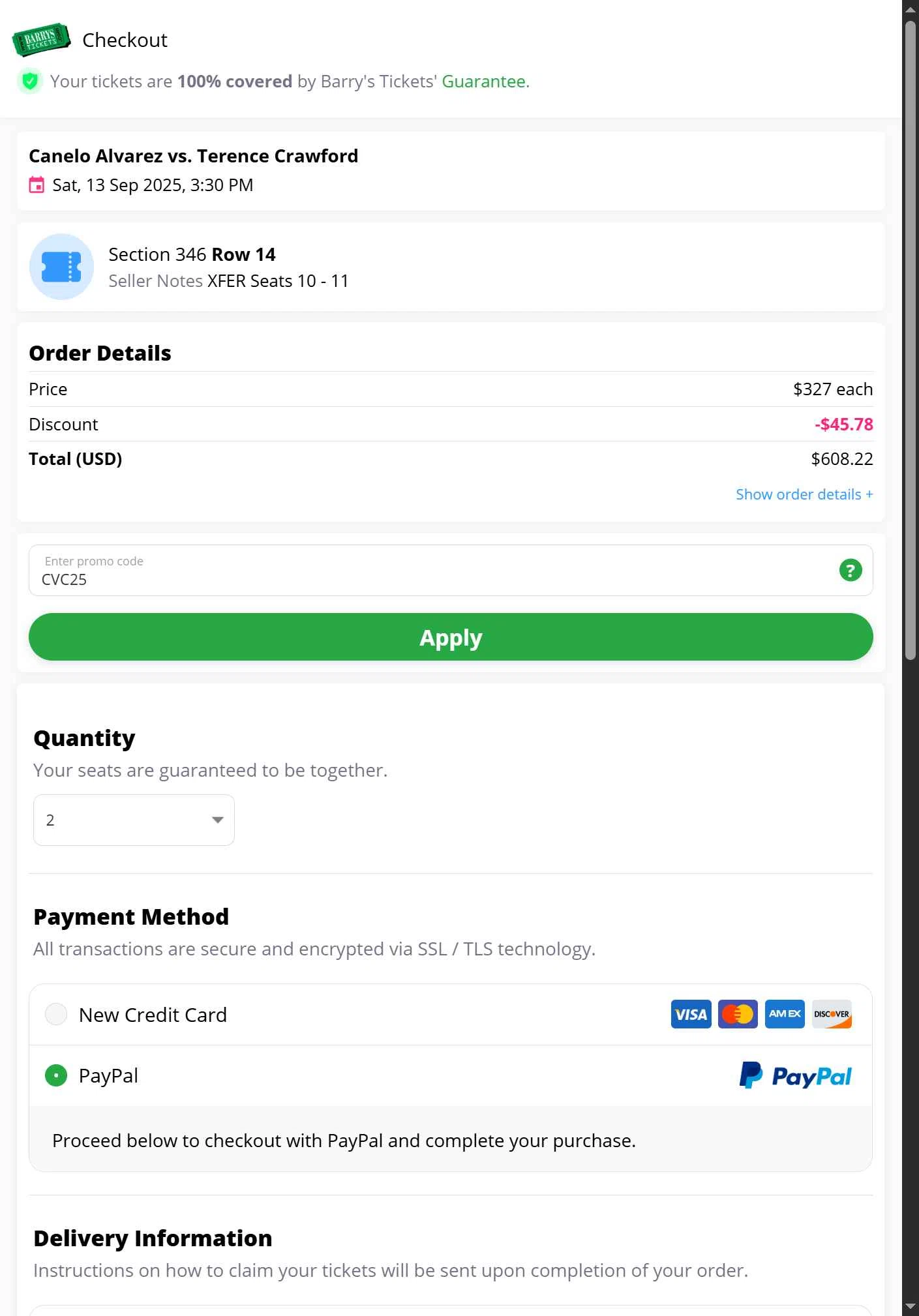 Barry's Tickets checkout page showing Barry's Tickets promo code box | Screenshot taken by SimplyCodes community member on Sep 11, 2025