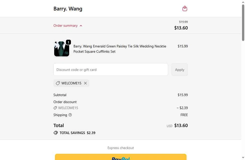 Barry Wang checkout page showing Barry Wang discount code box | Screenshot taken by SimplyCodes community member on Feb 25, 2026