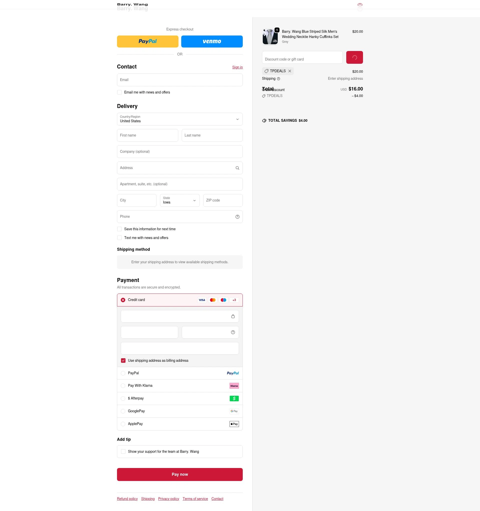Barry Wang checkout page showing Barry Wang discount code box | Screenshot taken by SimplyCodes community member on Feb 20, 2026