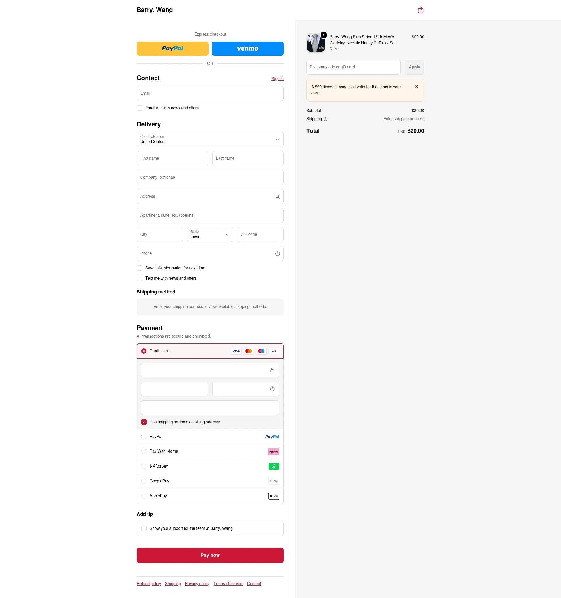 Barry Wang checkout page showing Barry Wang discount code box | Screenshot taken by SimplyCodes community member on Feb 20, 2026
