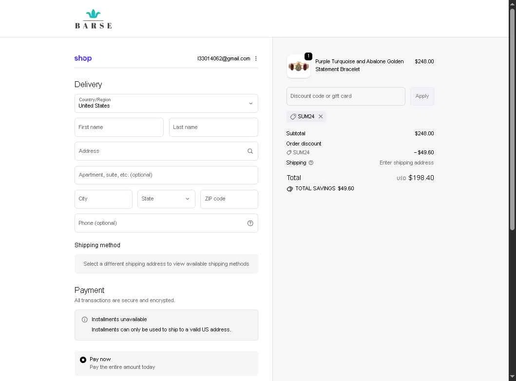 Barse Jewelry checkout page showing Barse Jewelry promo code box | Screenshot taken by SimplyCodes community member on Dec 28, 2025