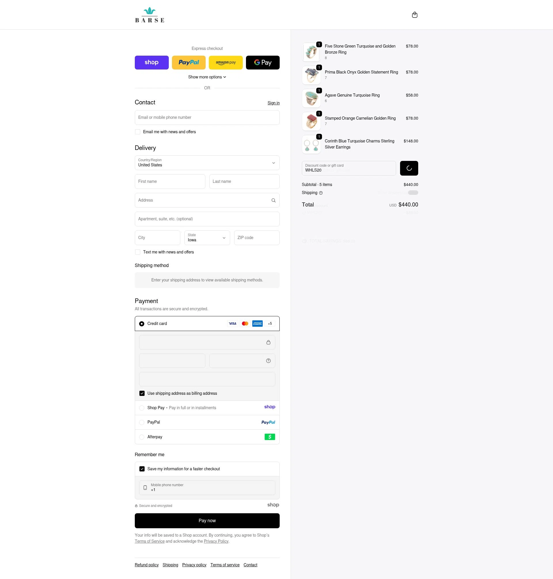 Barse Jewelry checkout page showing Barse Jewelry promo code box | Screenshot taken by SimplyCodes community member on Dec 28, 2025