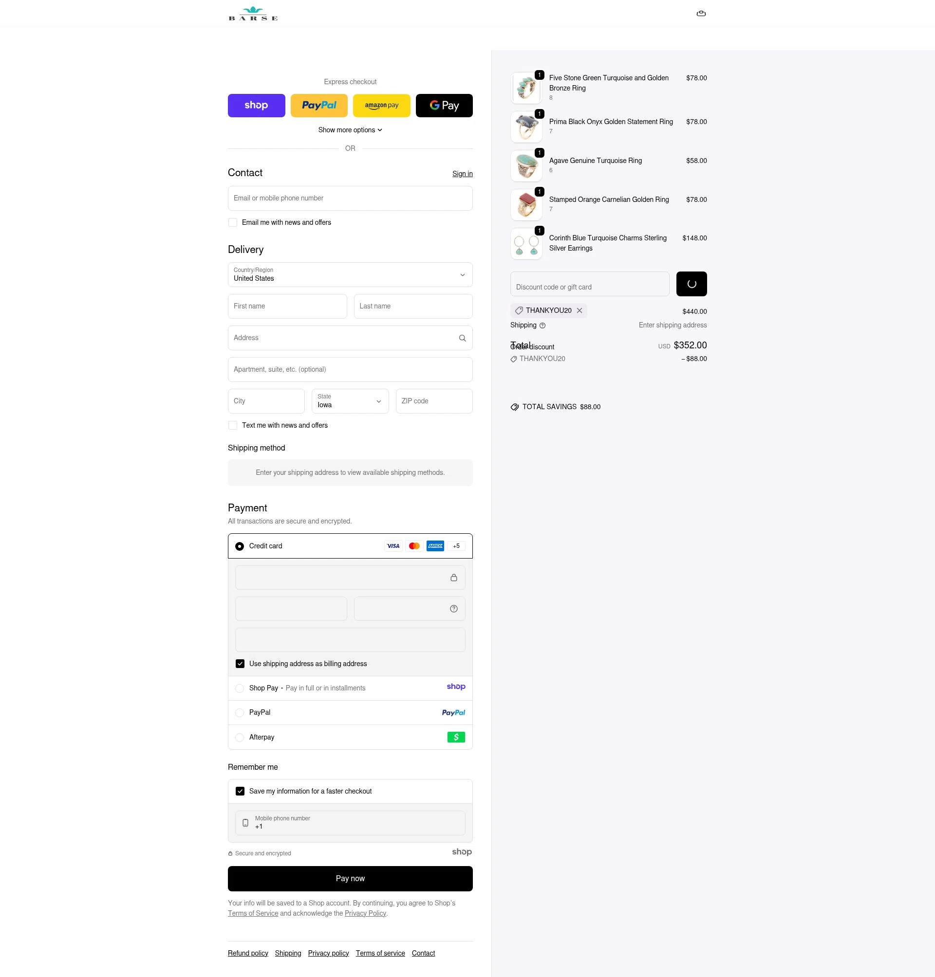 Barse Jewelry checkout page showing Barse Jewelry promo code box | Screenshot taken by SimplyCodes community member on Dec 28, 2025