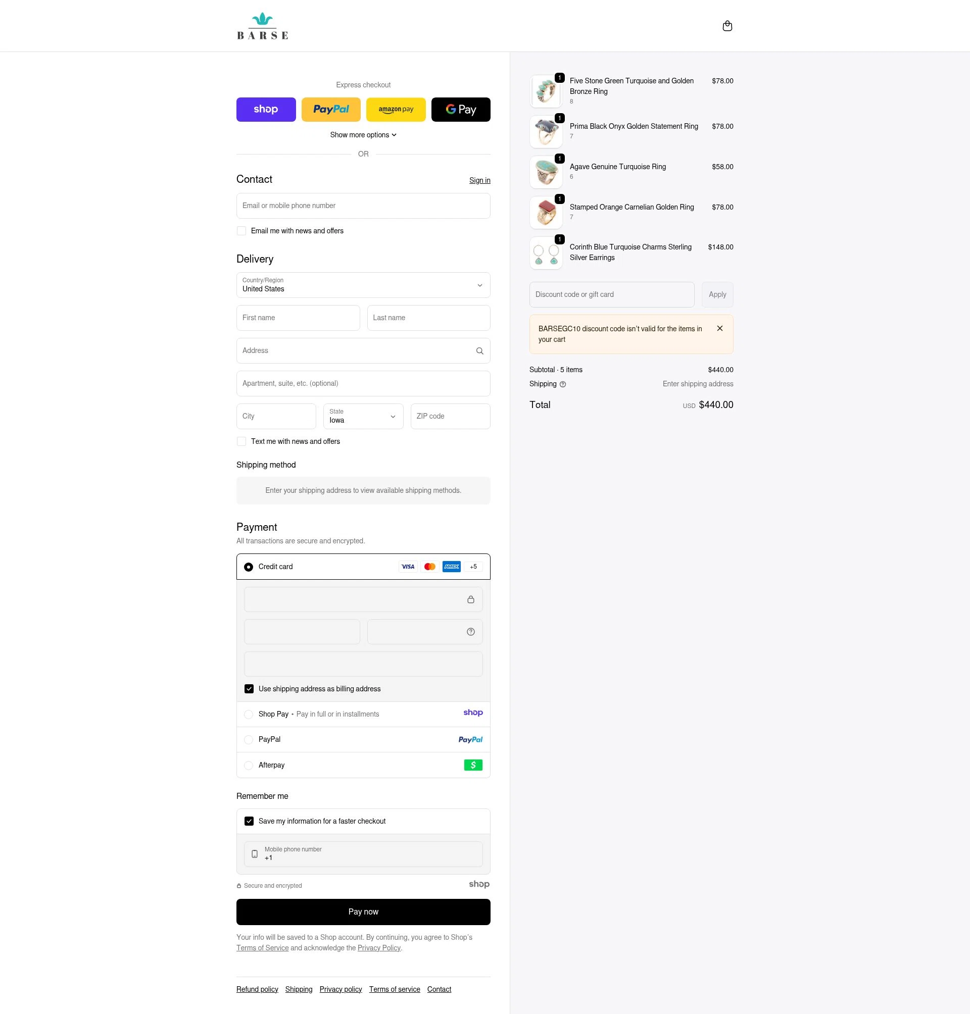 Barse Jewelry checkout page showing Barse Jewelry promo code box | Screenshot taken by SimplyCodes community member on Dec 28, 2025