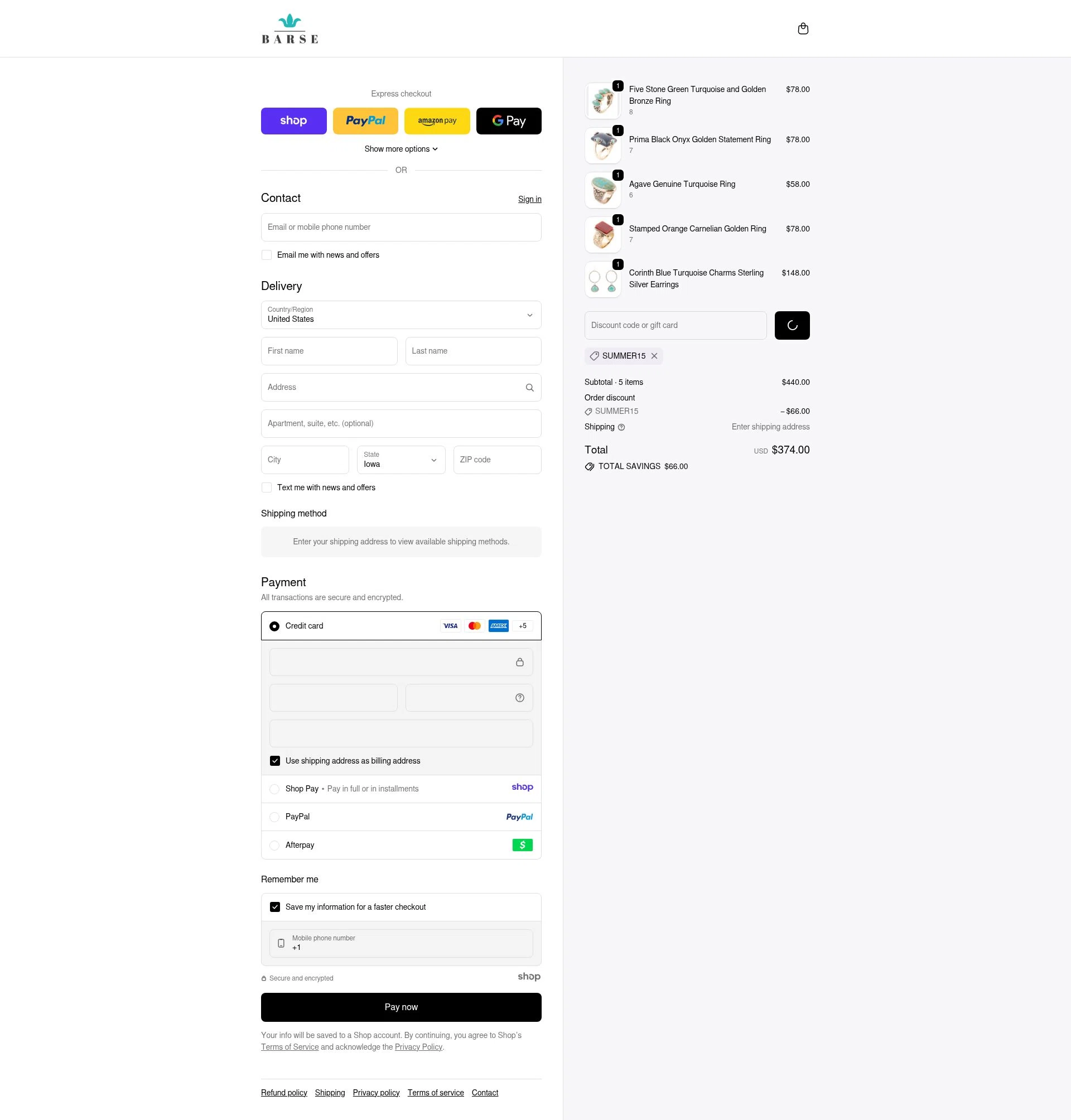 Barse Jewelry checkout page showing Barse Jewelry promo code box | Screenshot taken by SimplyCodes community member on Dec 28, 2025
