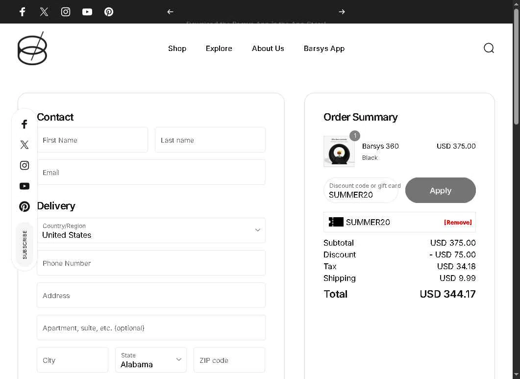 Barsys checkout page showing Barsys discount code box | Screenshot taken by SimplyCodes community member on May 22, 2025