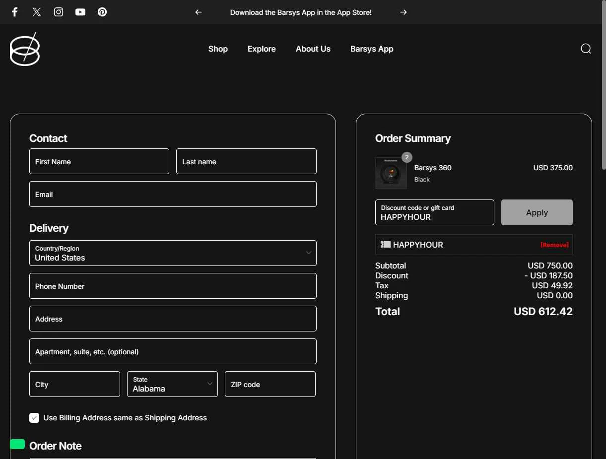 Barsys checkout page showing Barsys discount code box | Screenshot taken by SimplyCodes community member on Oct 15, 2025