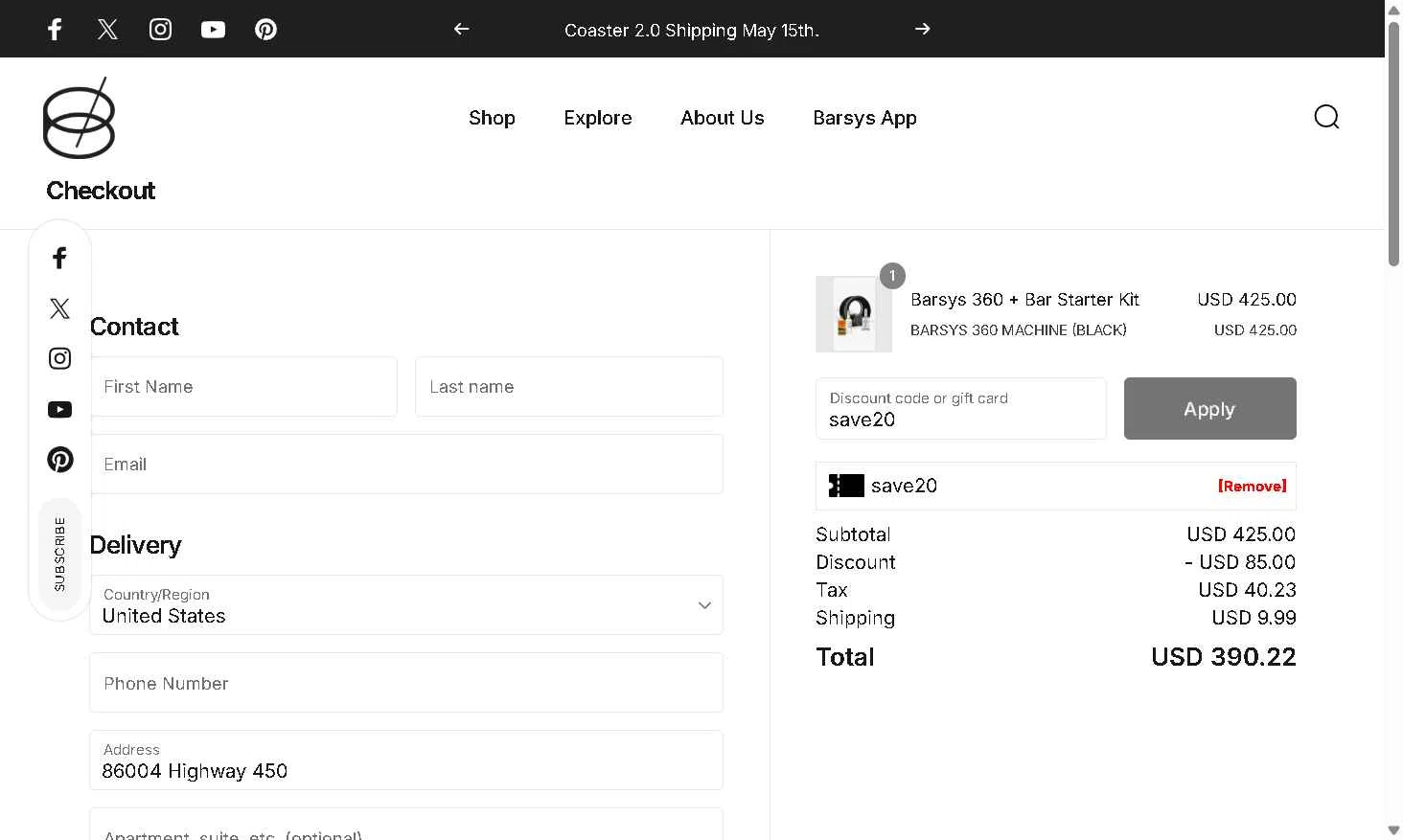 Barsys checkout page showing Barsys discount code box | Screenshot taken by SimplyCodes community member on May 9, 2025