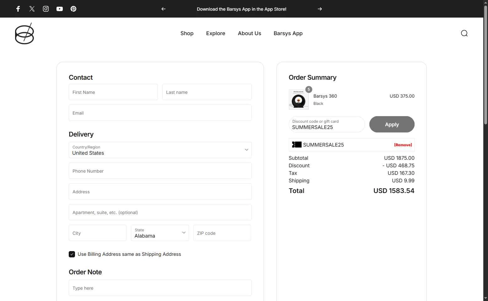 Barsys checkout page showing Barsys discount code box | Screenshot taken by SimplyCodes community member on Jul 8, 2025