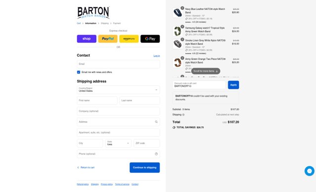 Barton Watch Bands checkout page showing Barton Watch Bands discount code box | Screenshot taken by SimplyCodes community member on Sep 2, 2025