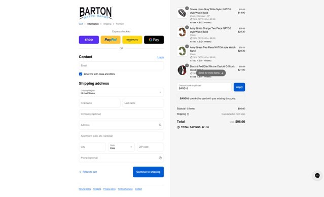 Barton Watch Bands checkout page showing Barton Watch Bands discount code box | Screenshot taken by SimplyCodes community member on Aug 29, 2025