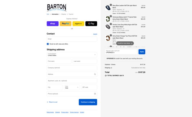 Barton Watch Bands checkout page showing Barton Watch Bands discount code box | Screenshot taken by SimplyCodes community member on Sep 2, 2025