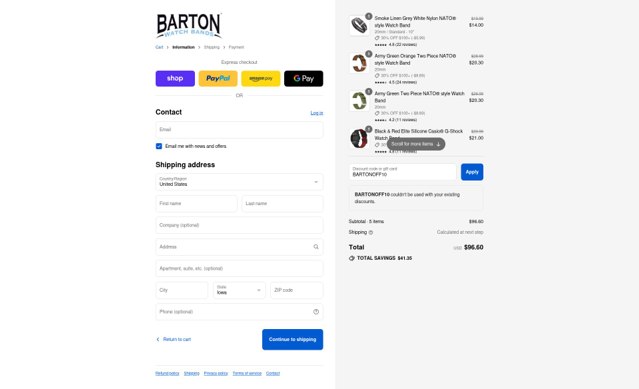 Barton Watch Bands checkout page showing Barton Watch Bands discount code box | Screenshot taken by SimplyCodes community member on Aug 29, 2025