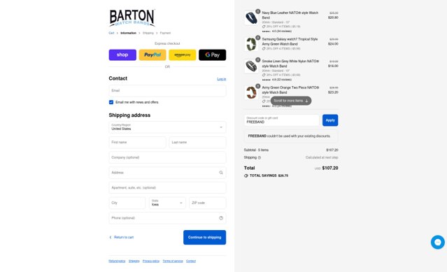 Barton Watch Bands checkout page showing Barton Watch Bands discount code box | Screenshot taken by SimplyCodes community member on Sep 2, 2025
