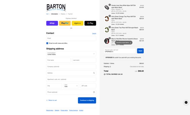 Barton Watch Bands checkout page showing Barton Watch Bands discount code box | Screenshot taken by SimplyCodes community member on Aug 29, 2025