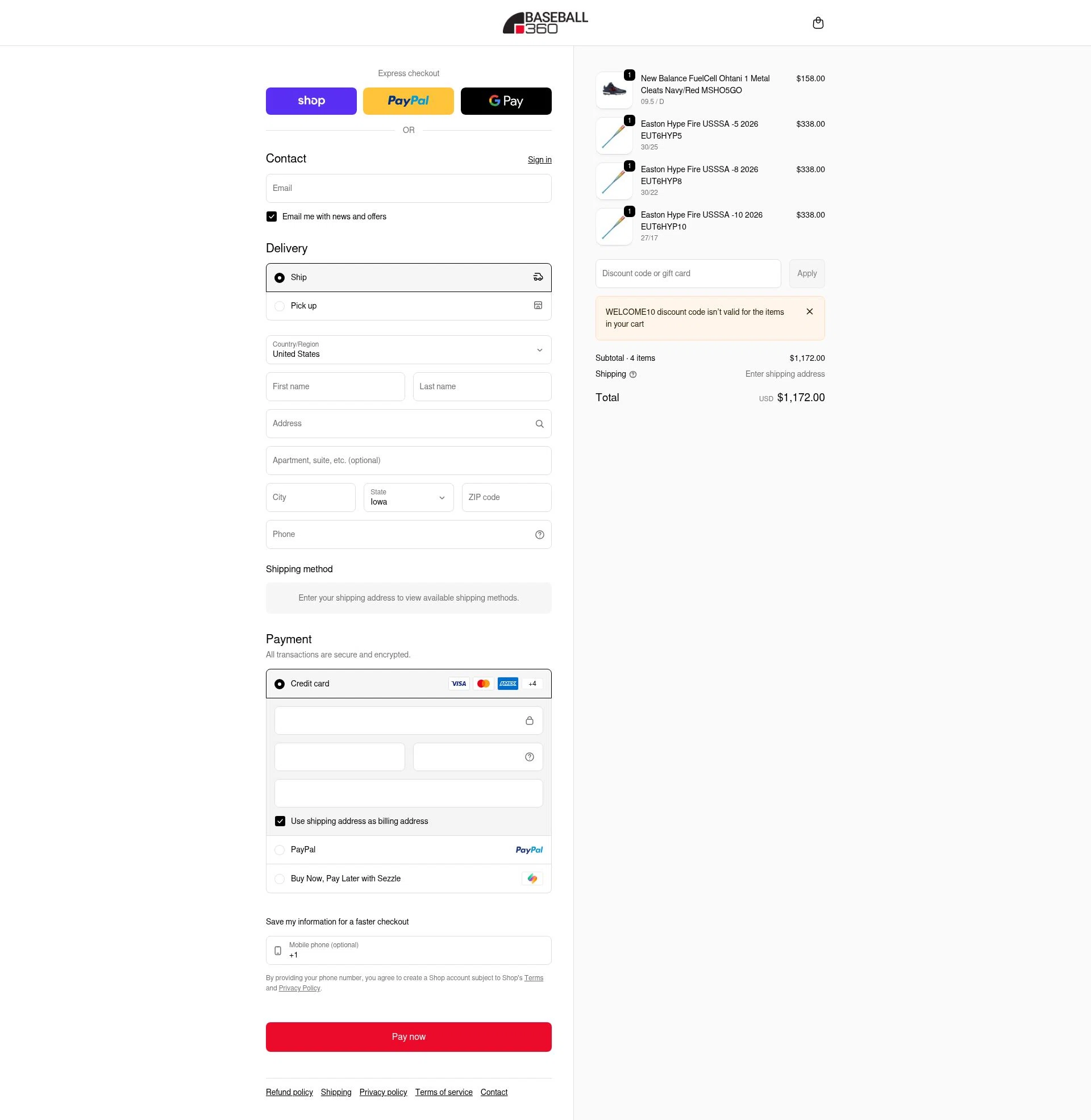 Baseball 360 checkout page showing Baseball 360 promo code box | Screenshot taken by SimplyCodes community member on Feb 1, 2026