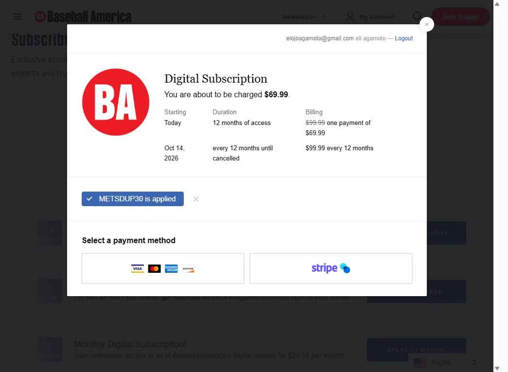 Baseball America checkout page showing Baseball America promo code box | Screenshot taken by SimplyCodes community member on Oct 14, 2025