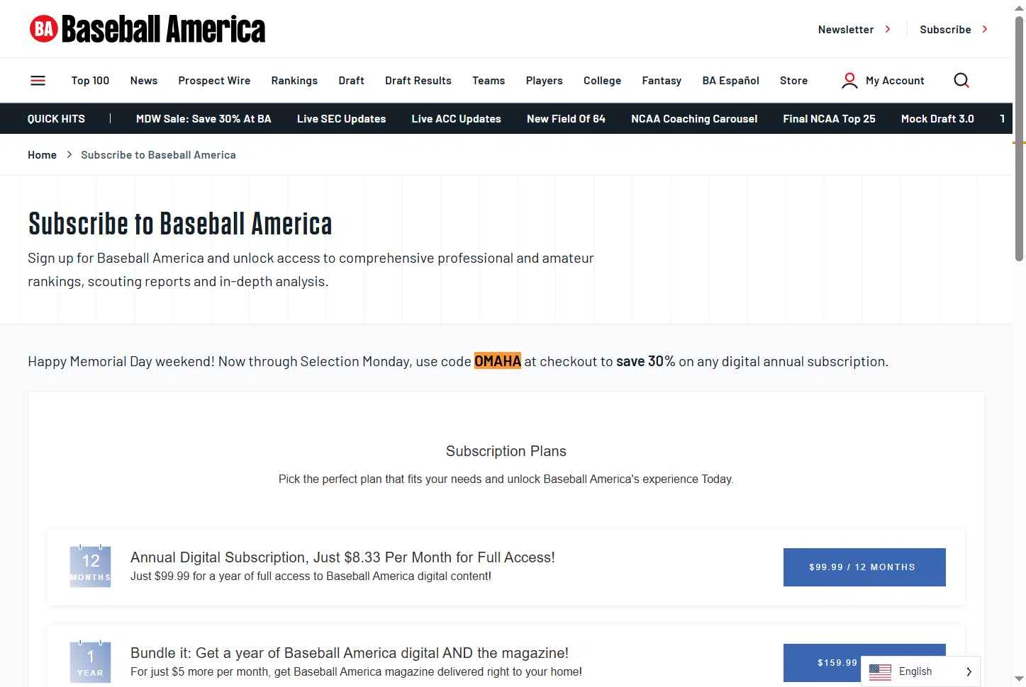 Baseball America checkout page showing Baseball America promo code box | Screenshot taken by SimplyCodes community member on May 23, 2025