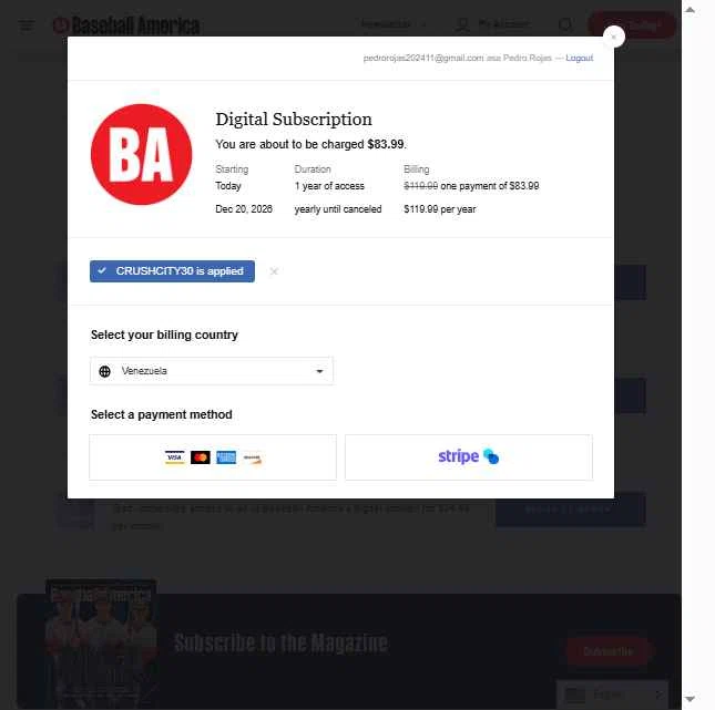 Baseball America checkout page showing Baseball America promo code box | Screenshot taken by SimplyCodes community member on Dec 20, 2025