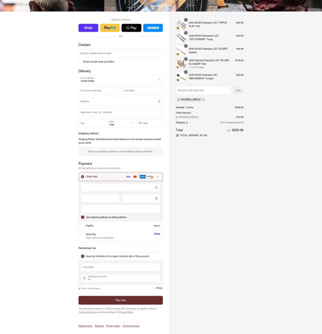 Baseball BBQ checkout page showing Baseball BBQ discount code box | Screenshot taken by SimplyCodes community member on Sep 6, 2025