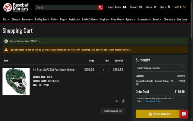 Baseball Monkey checkout page showing Baseball Monkey promo code box | Screenshot taken by SimplyCodes community member on Aug 5, 2025