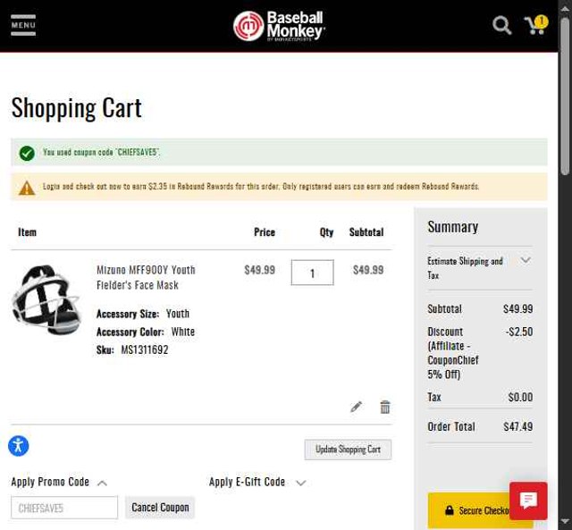Baseball Monkey checkout page showing Baseball Monkey promo code box | Screenshot taken by SimplyCodes community member on Jul 23, 2025