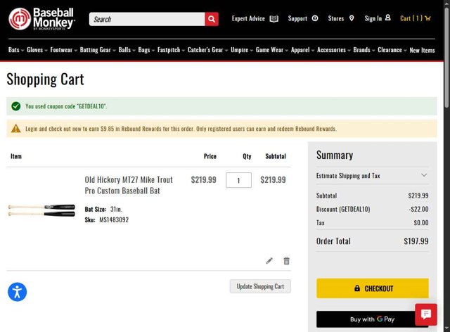 Baseball Monkey checkout page showing Baseball Monkey promo code box | Screenshot taken by SimplyCodes community member on Sep 2, 2025