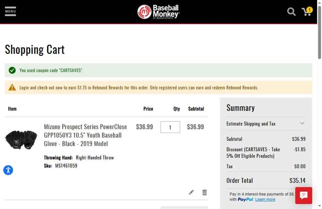 Baseball Monkey checkout page showing Baseball Monkey promo code box | Screenshot taken by SimplyCodes community member on Aug 27, 2025