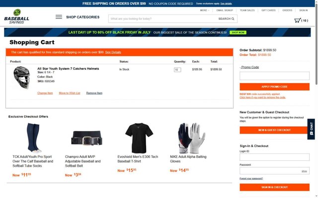 BaseballSavings checkout page showing BaseballSavings promo code box | Screenshot taken by SimplyCodes community member on Jul 16, 2025