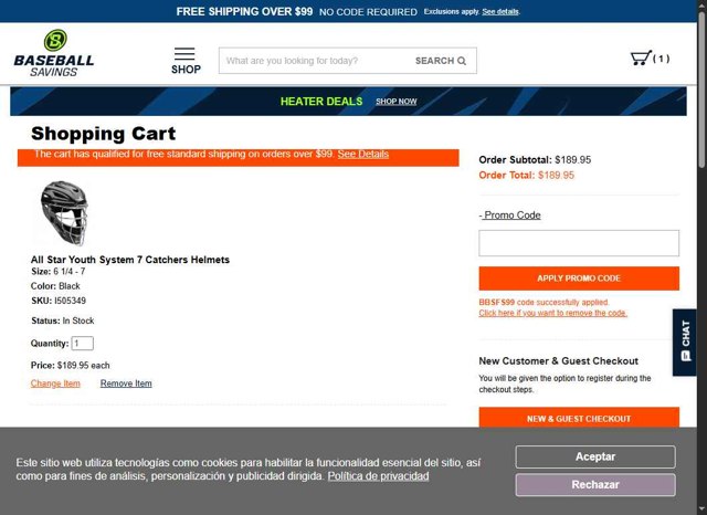 BaseballSavings checkout page showing BaseballSavings promo code box | Screenshot taken by SimplyCodes community member on Jul 26, 2025