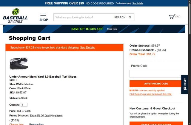 BaseballSavings checkout page showing BaseballSavings promo code box | Screenshot taken by SimplyCodes community member on Jul 29, 2025