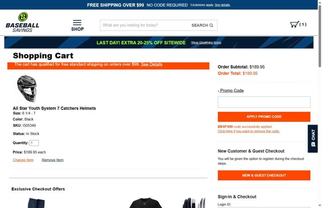 BaseballSavings checkout page showing BaseballSavings promo code box | Screenshot taken by SimplyCodes community member on Aug 5, 2025