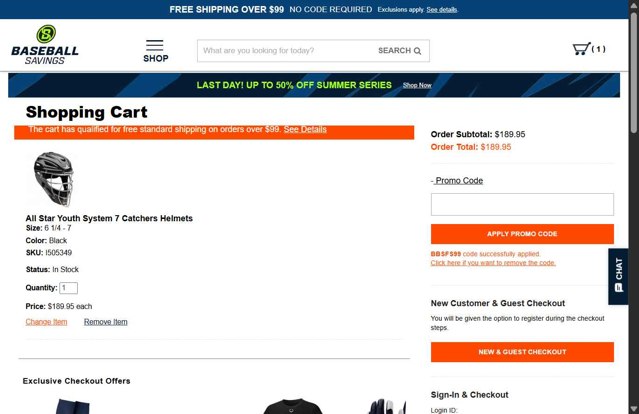 BaseballSavings checkout page showing BaseballSavings promo code box | Screenshot taken by SimplyCodes community member on Aug 14, 2025