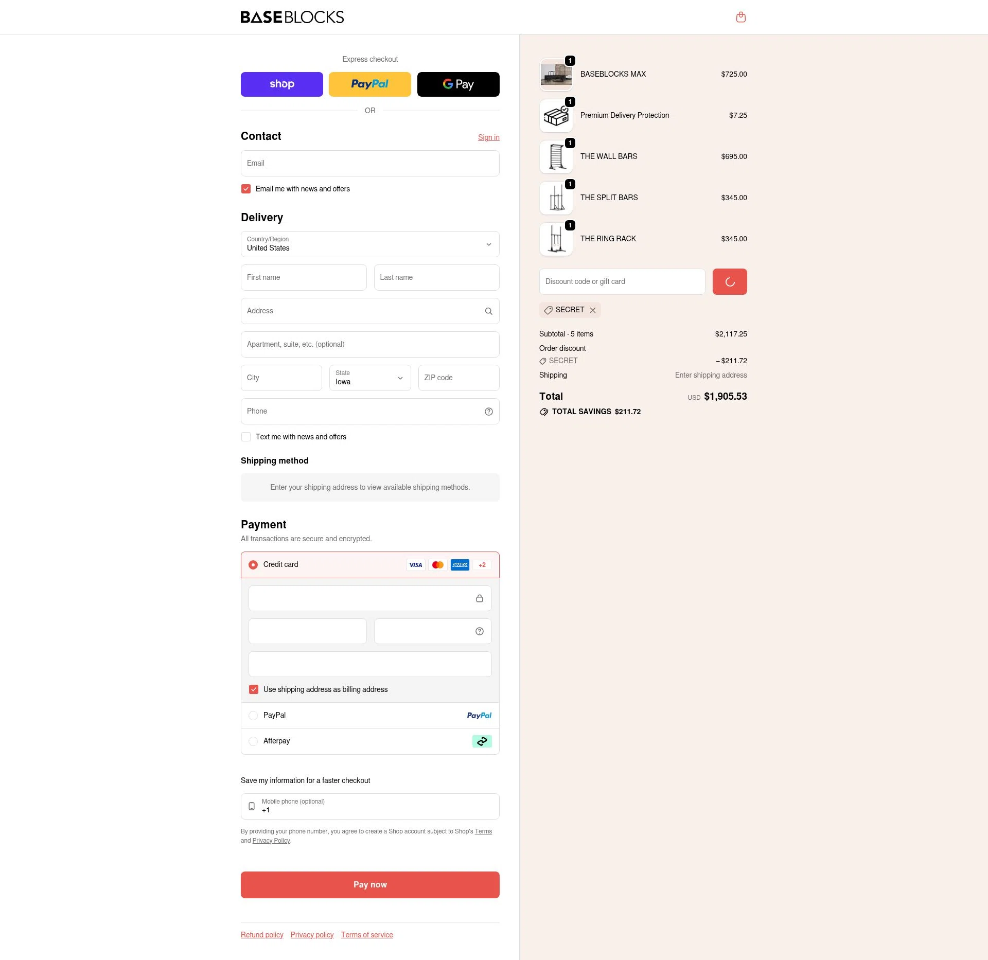 BaseBlocks checkout page showing BaseBlocks discount code box | Screenshot taken by SimplyCodes community member on Feb 4, 2026