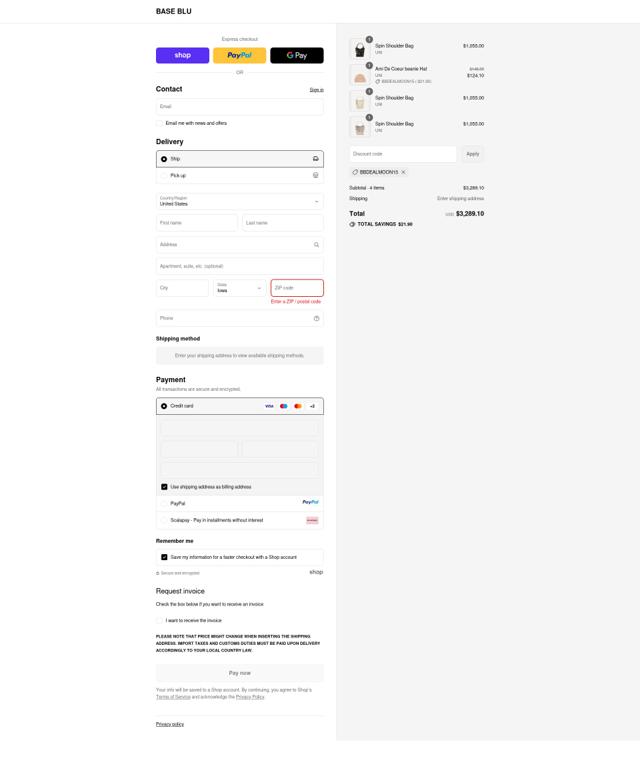 Base Blu Italy checkout page showing Base Blu Italy promo code box | Screenshot taken by SimplyCodes community member on Sep 10, 2025
