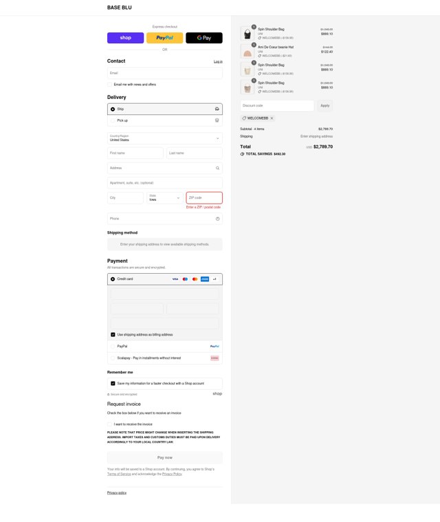 Base Blu Italy checkout page showing Base Blu Italy promo code box | Screenshot taken by SimplyCodes community member on Aug 29, 2025
