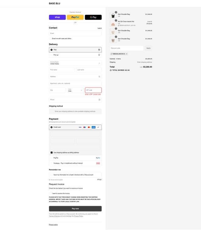 Base Blu Italy checkout page showing Base Blu Italy promo code box | Screenshot taken by SimplyCodes community member on Aug 29, 2025