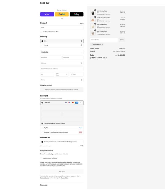 Base Blu Italy checkout page showing Base Blu Italy promo code box | Screenshot taken by SimplyCodes community member on Sep 7, 2025