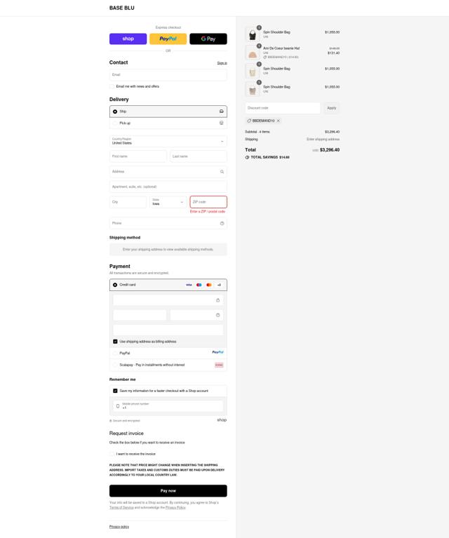Base Blu Italy checkout page showing Base Blu Italy promo code box | Screenshot taken by SimplyCodes community member on Sep 10, 2025