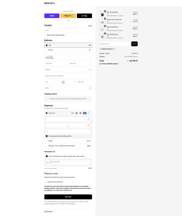 Base Blu Italy checkout page showing Base Blu Italy promo code box | Screenshot taken by SimplyCodes community member on Sep 7, 2025