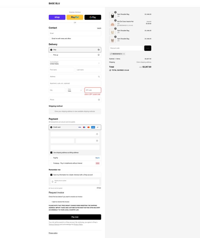 Base Blu Italy checkout page showing Base Blu Italy promo code box | Screenshot taken by SimplyCodes community member on Aug 29, 2025
