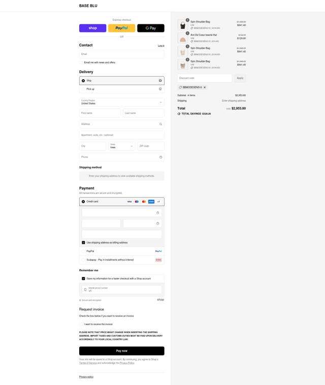 Base Blu Italy checkout page showing Base Blu Italy promo code box | Screenshot taken by SimplyCodes community member on Sep 7, 2025