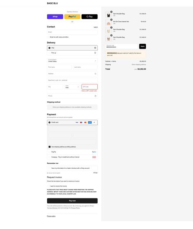 Base Blu Italy checkout page showing Base Blu Italy promo code box | Screenshot taken by SimplyCodes community member on Aug 29, 2025