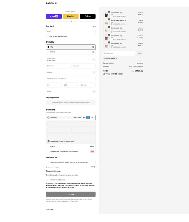 Base Blu Italy checkout page showing Base Blu Italy promo code box | Screenshot taken by SimplyCodes community member on Aug 25, 2025