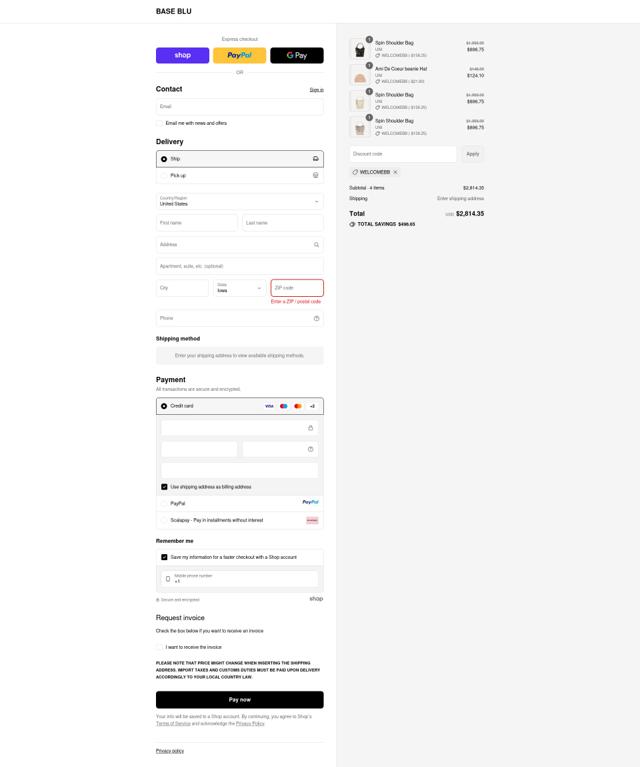 Base Blu Italy checkout page showing Base Blu Italy promo code box | Screenshot taken by SimplyCodes community member on Sep 10, 2025